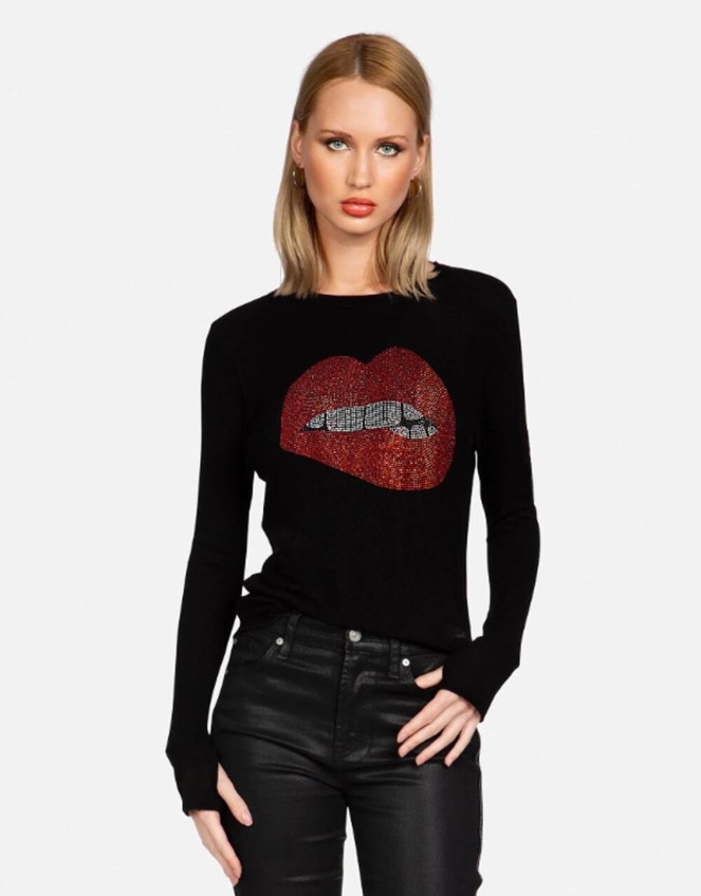 LAUREN MOSHI McKinley XR Crystal Biting Lip Long Sleeve Black Red Sz XL $163 I1
